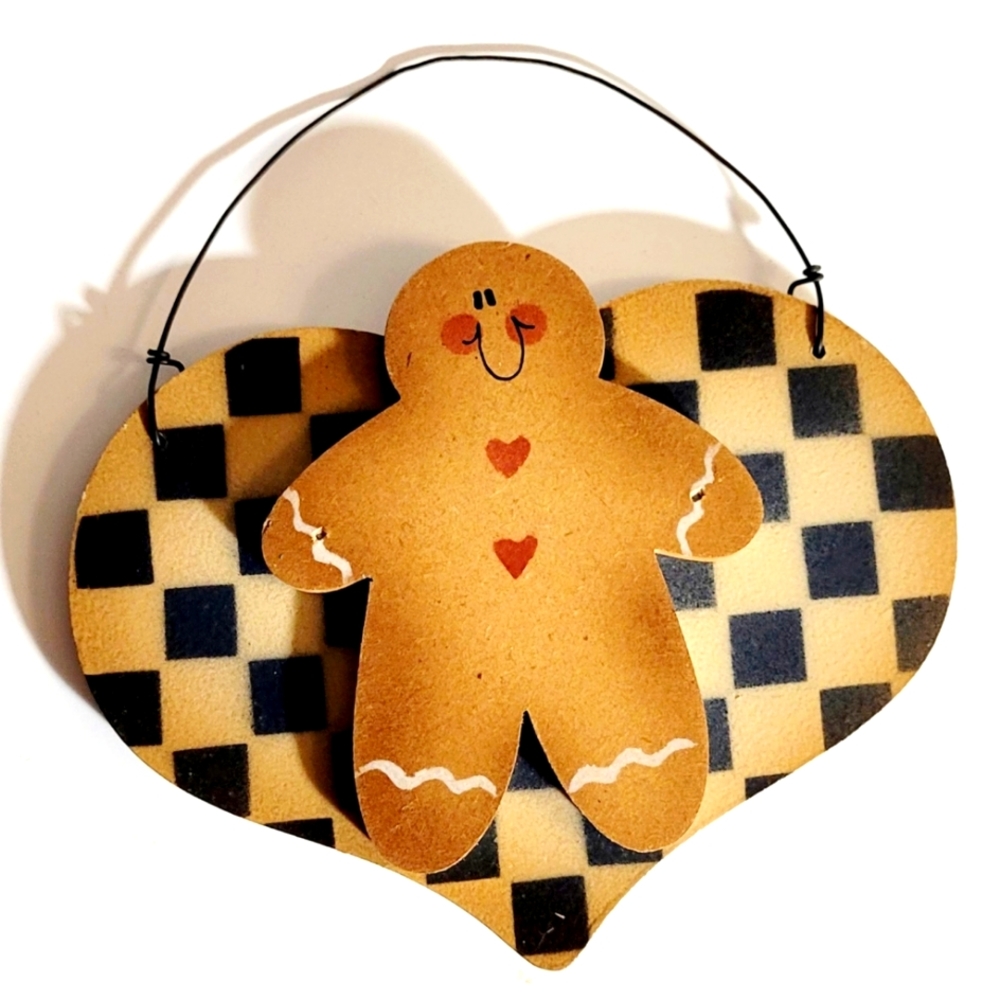 Gingerbread Man on Checkered Heart Ornament ❤️, New Christmas or Valentine